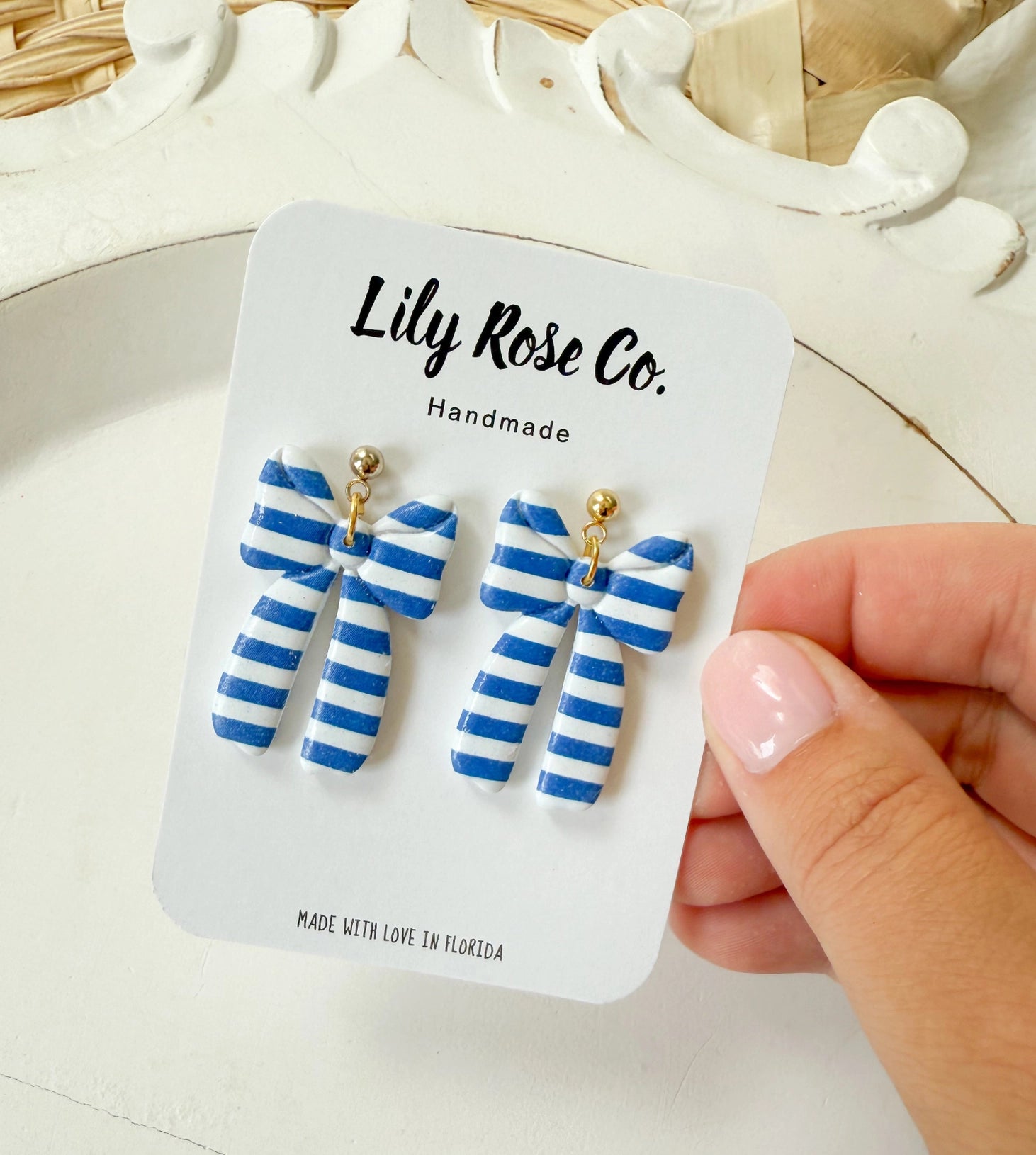 Blue Striped Bow Earrings