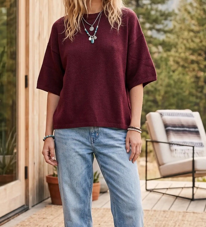 Half Sleeve Oversized Sweater - Burgundy