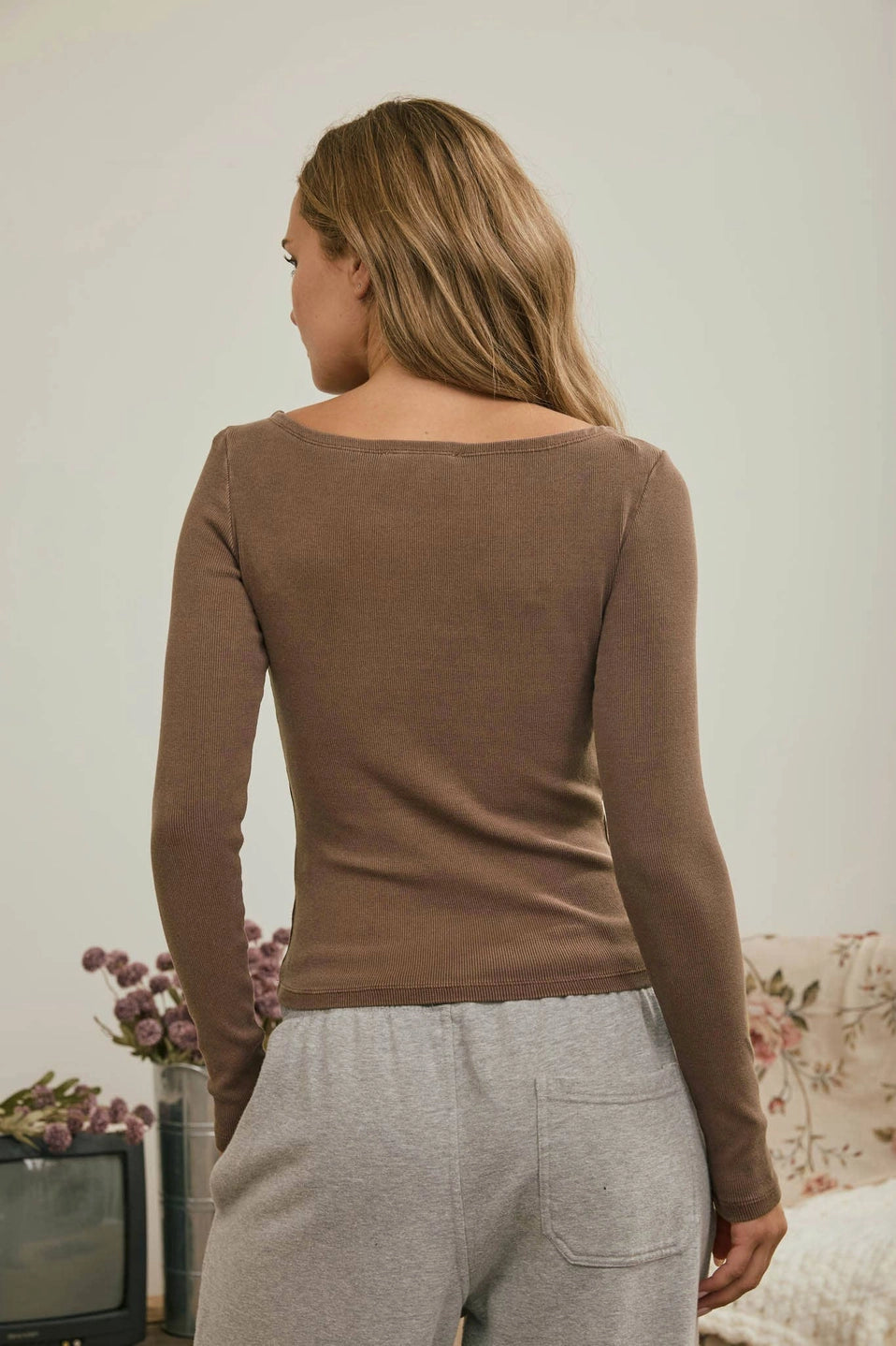 Boat Neck Long Sleeve Ribbed Top