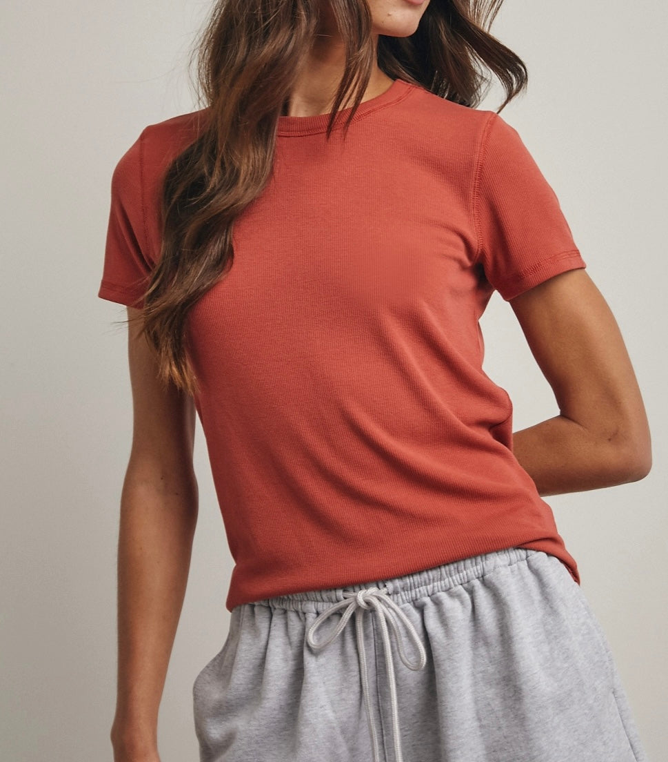 Ribbed Knit Basic Tee - Terracotta
