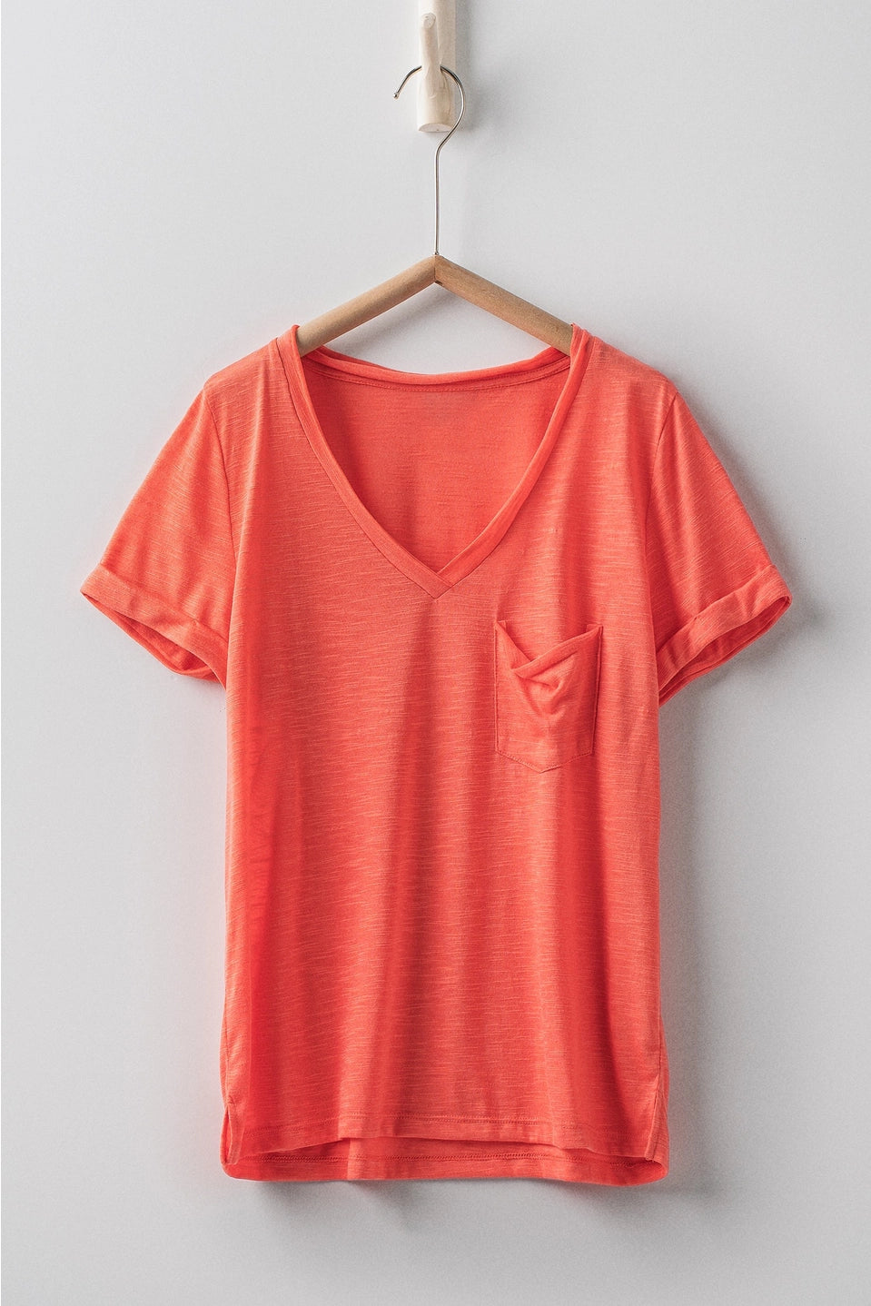 Rolled Sleeve V-Neck Pocket Tee - Coral