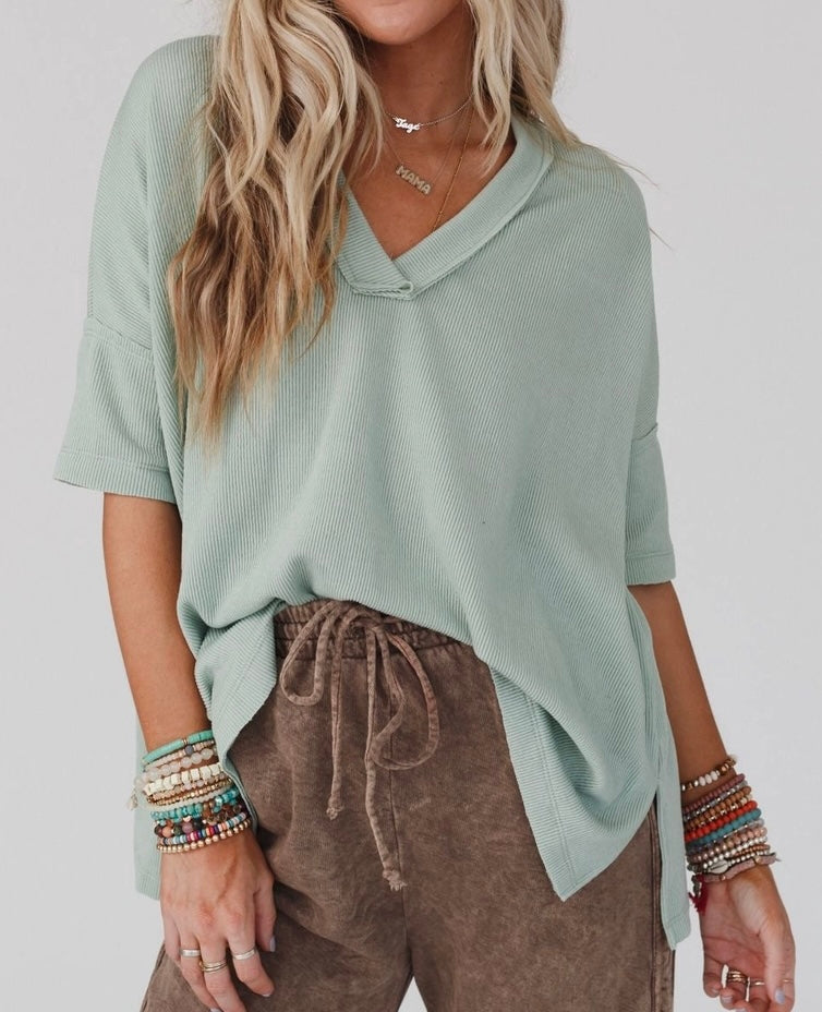 She’s Trendy V-Neck Ribbed Tee