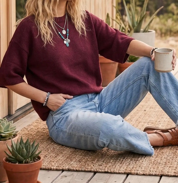 Half Sleeve Oversized Sweater - Burgundy
