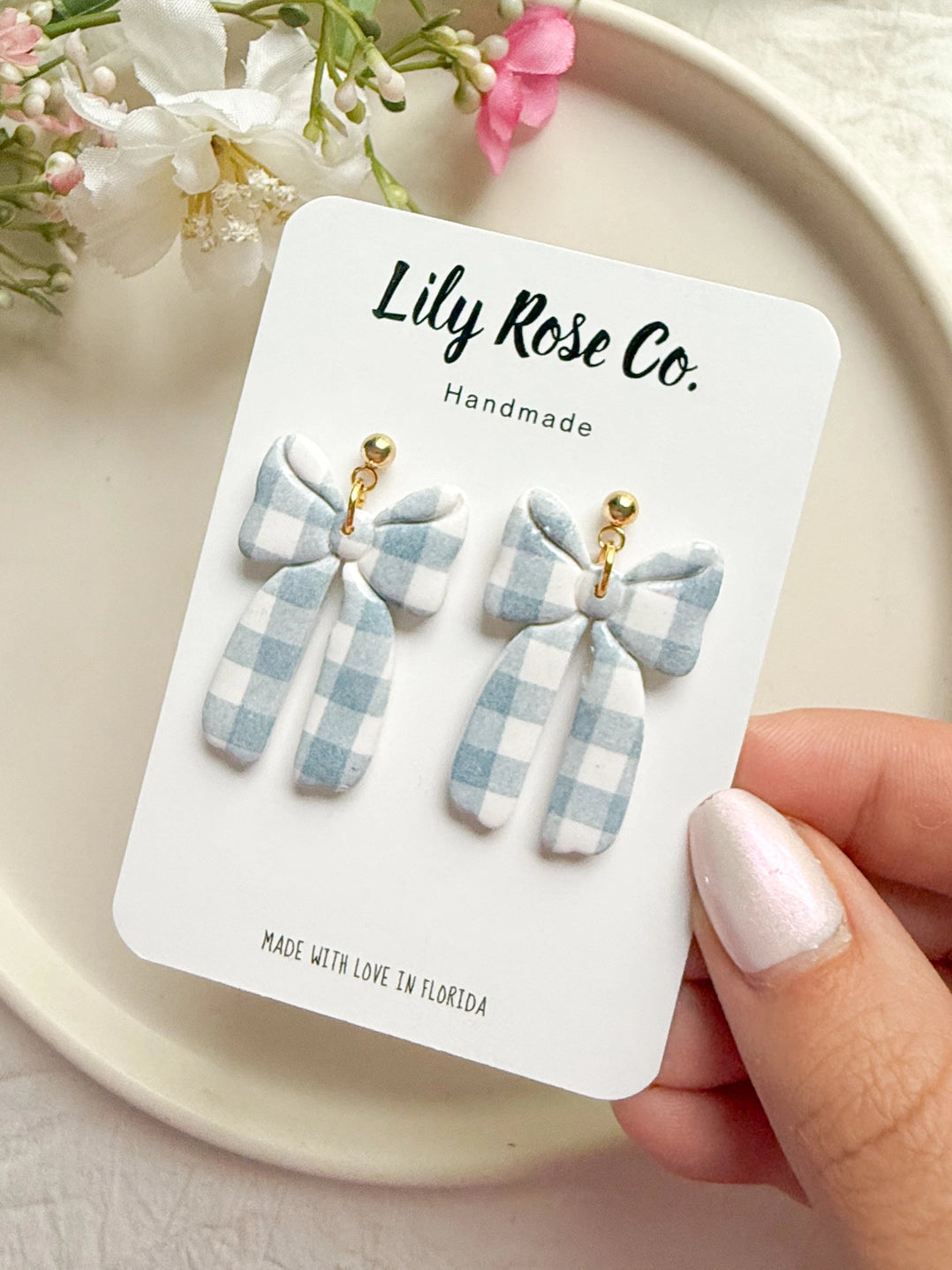 Blue Gingham Bow Earrings