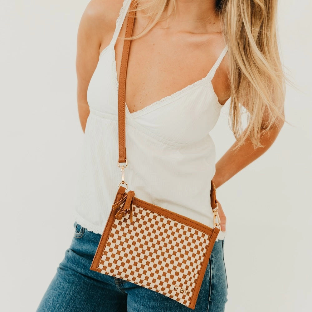 Veda Woven Crossbody + Clutch - Checkered Brown