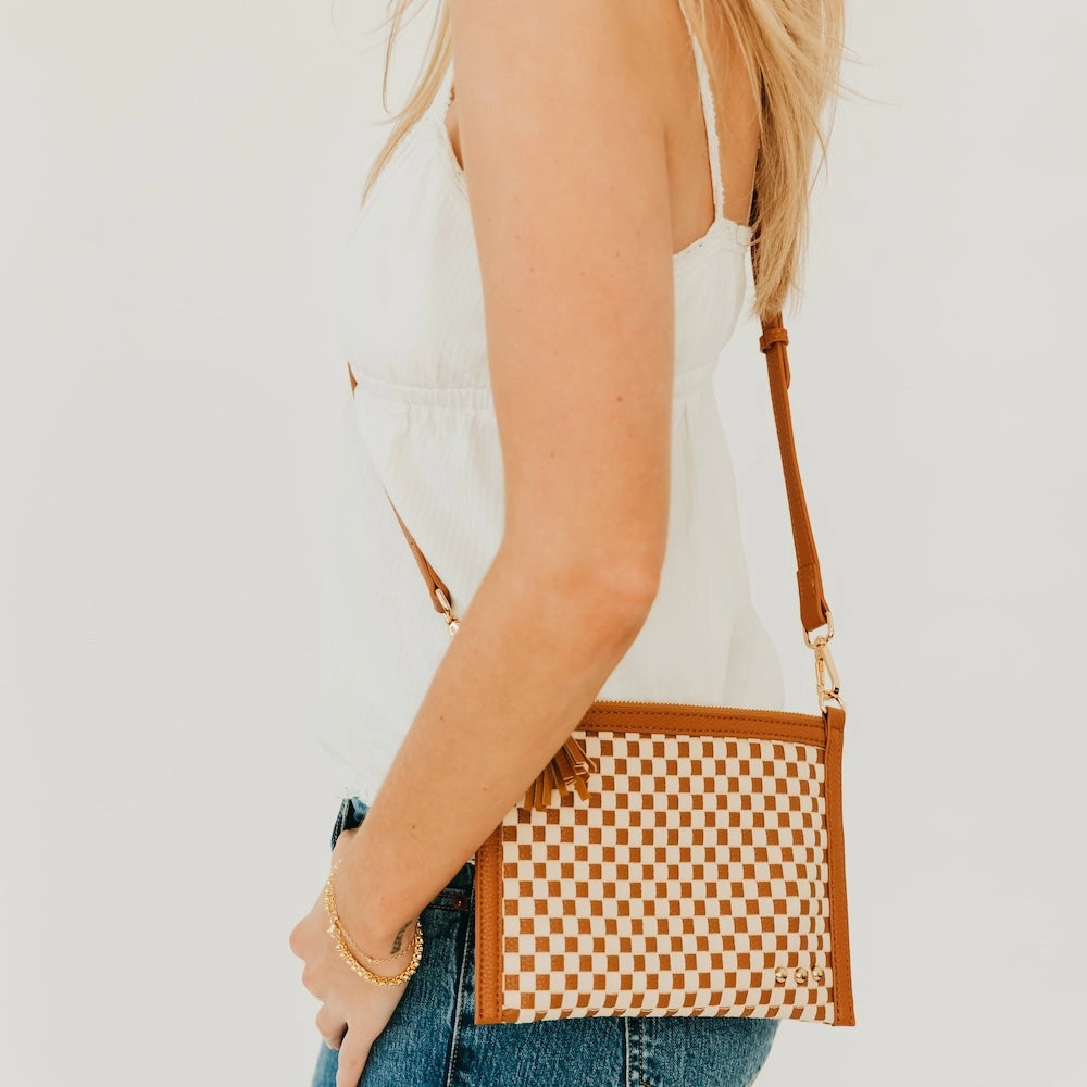 Veda Woven Crossbody + Clutch - Checkered Brown