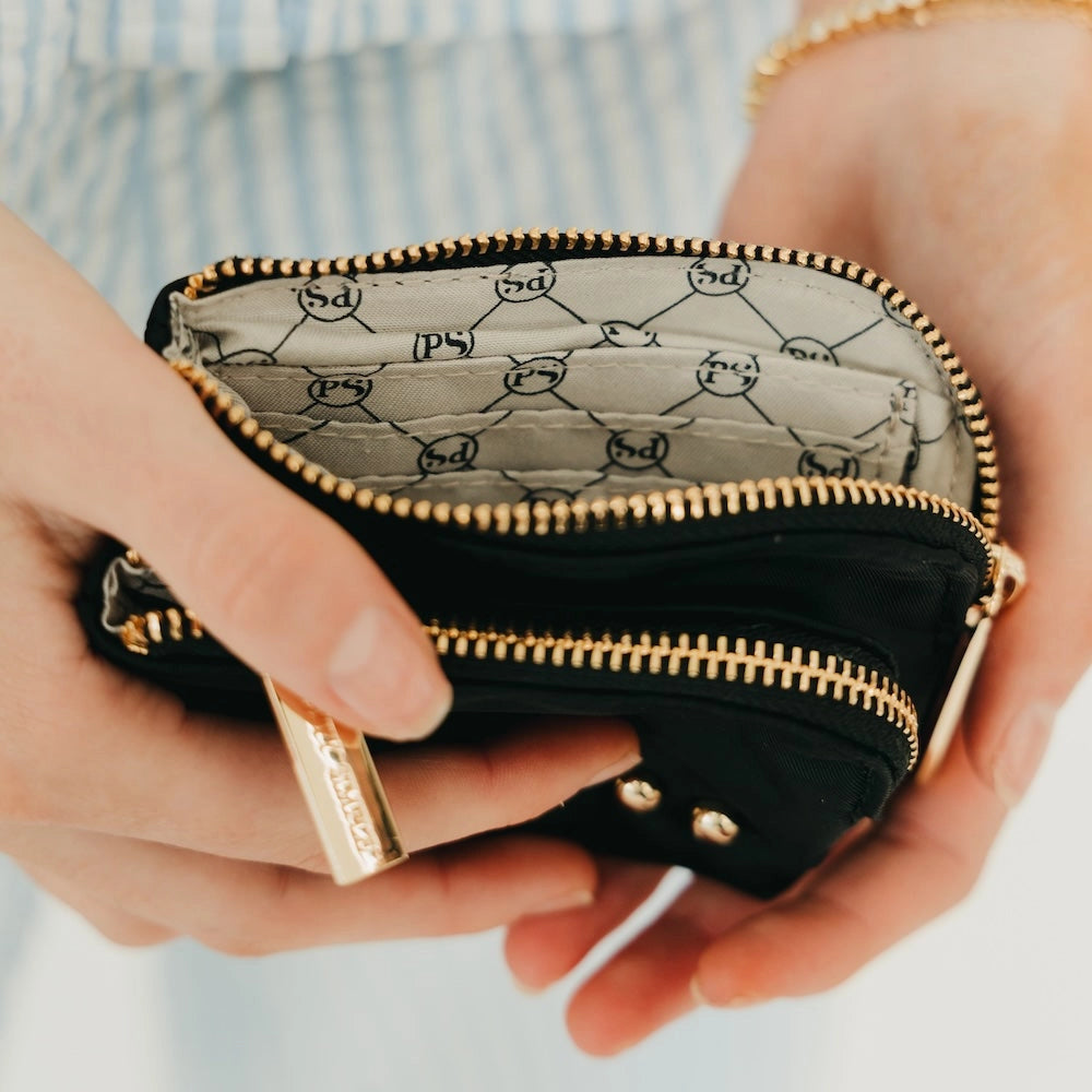 Double Zip Card Wallet - Checkered Cream