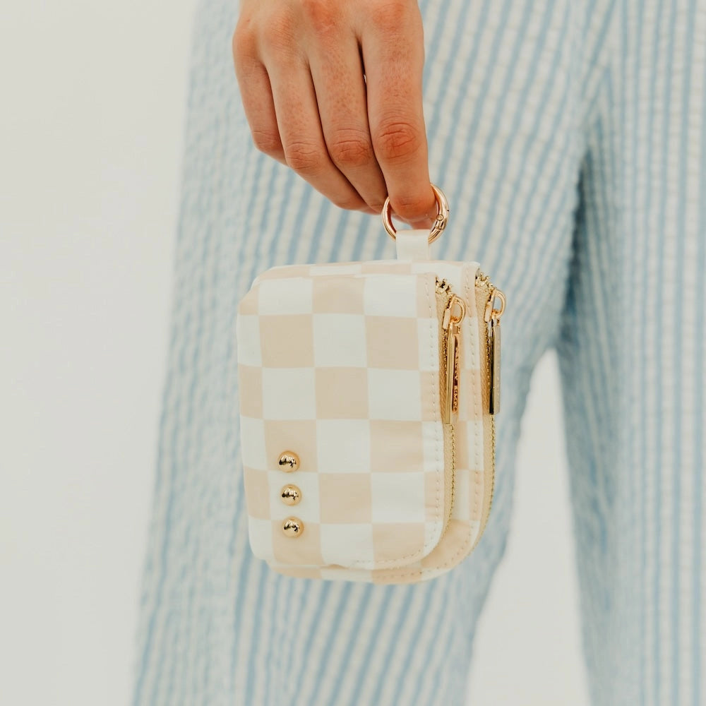 Double Zip Card Wallet - Checkered Cream